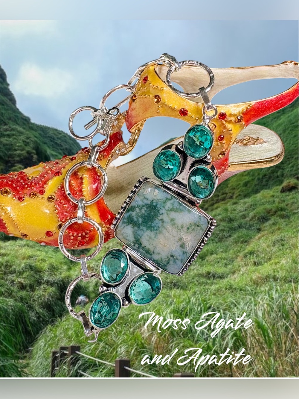 Moss Agate and Apatite Silver Bracelet - Green Gemstone Statement